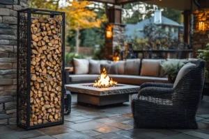 A durable metal firewood rack securely holds logs, offering robust, weather-resistant storage for organized outdoor spaces.