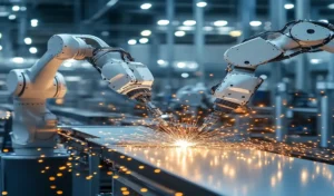 Robotic Arms Welding Metal Components On A High-Tech Production Line