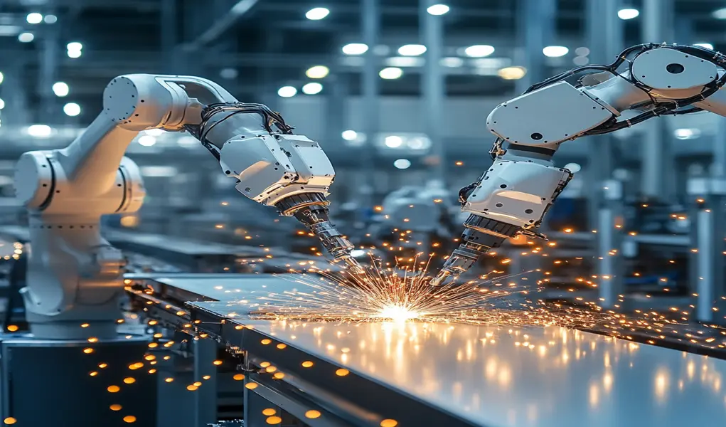 Robotic Arms Welding Metal Components On A High-Tech Production Line