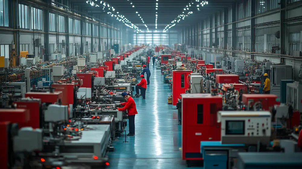 Large Factory Interior With Rows Of Red Industrial Machines And Workers In Uniform