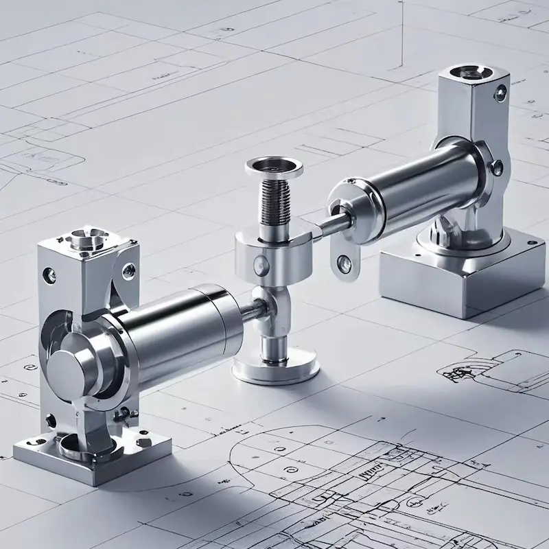 Precision-Machined Metal Components Displayed On Top Of Engineering Blueprints