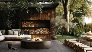 a fire pit in a backyard