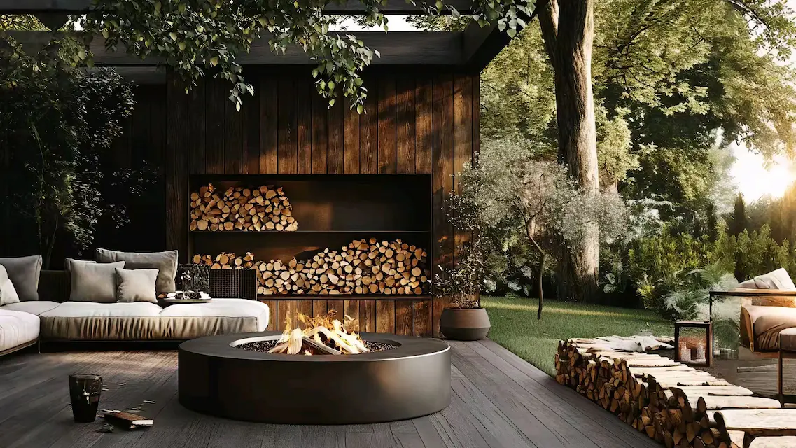 Modern Outdoor Patio With Fire Pit, Stacked Firewood, And Cozy Seating Surrounded By Greenery