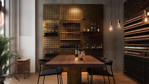 Home 7 Modern Wine-Tasting Room With Wooden Table, Wine Bottles, And Wall-Mounted Racks