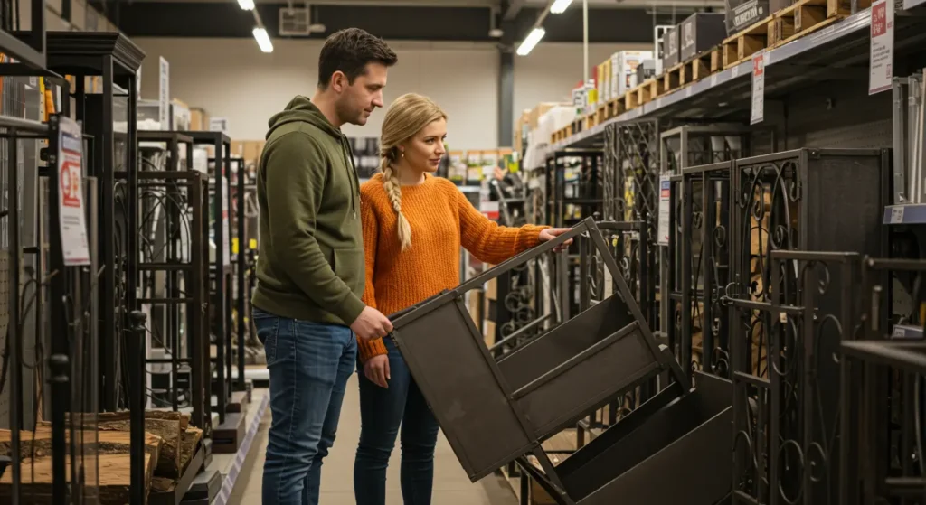 A couple evaluating different metal firewood racks (no firewood in rack) at a store, considering capacity and design options.
