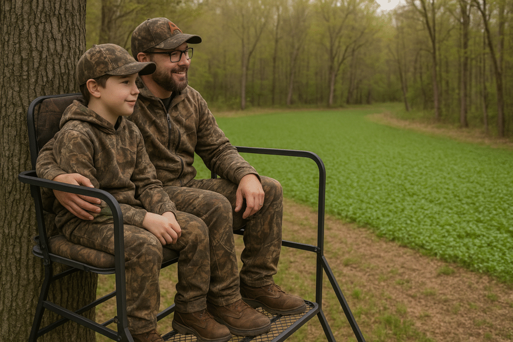 A father and son comfortably positioned in a two-person ladder stand overlooking a food plot.
