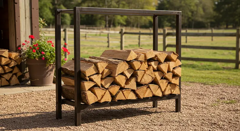 Firewood Racks 2 A Sturdy Metal Firewood Rack Filled With Neatly Stacked Wood, Positioned In A Picturesque Backyard Setting