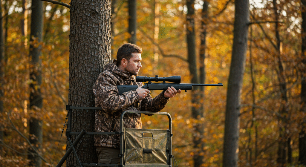 How to Choose Which Stand to Hunt 4 A hunter carefully observes wildlife from a secure tree stand in autumn woods demonstrating proper hunting stand usage 1