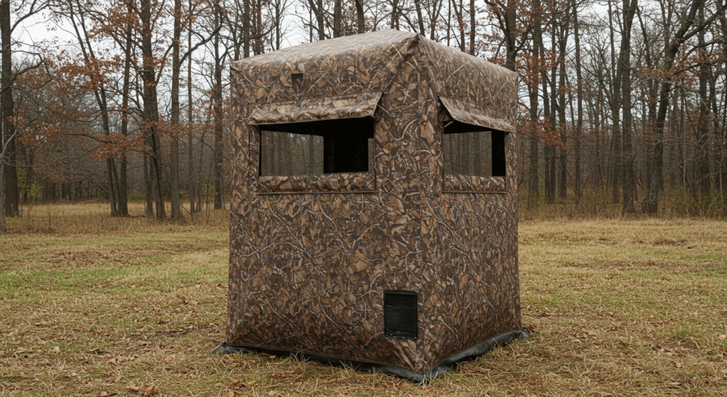 A well-appointed box blind with large windows providing excellent visibility across a food plot while keeping hunters concealed.