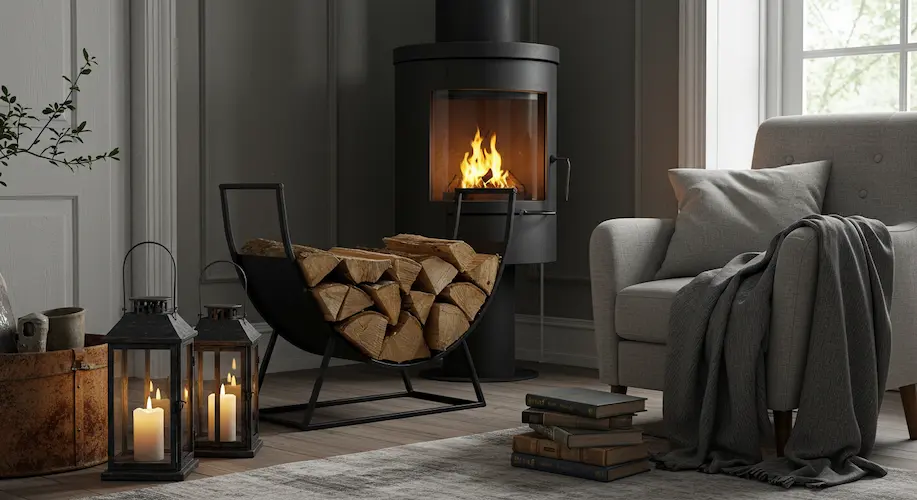 Functional & Stylish: The Best Metal Firewood Racks for Modern Homes 1 Blog A chic living space where a black metal firewood rack doubles as decor accessorized with lanterns books and a cozy throw blanket