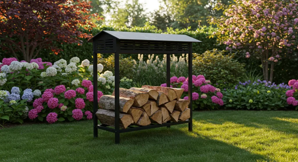 The Ultimate Guide to Metal Firewood Racks: Durability, Style & Practicality 6 Blog A sturdy outdoor firewood rack with a ventilated cover keeping logs dry and elevated off the ground in a backyard setting 3
