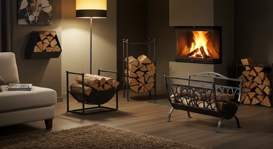 Common Firewood Storage Mistakes and How to Avoid Them 5 Blog A stylish living room featuring different metal firewood rack designs—a wall mounted holder a freestanding log bin and a decorative curved rack 1