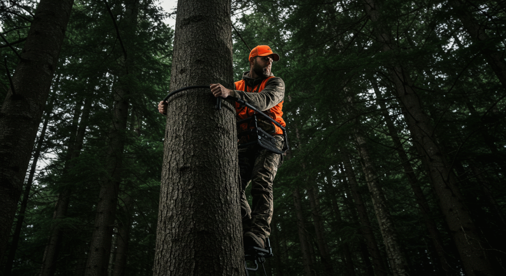 Close-up of a hunter using a climbing stand to ascend a straight tree trunk in a dense forest setting.