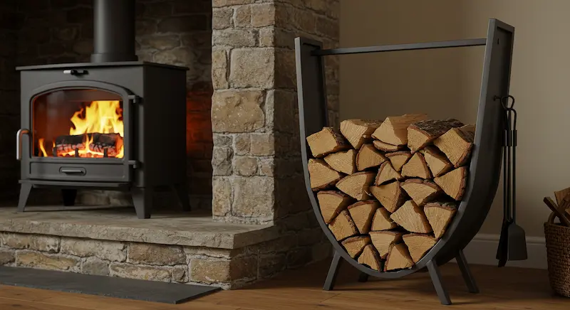 A sleek black metal firewood rack filled with uniformly cut logs positioned next to a modern fireplace, demonstrating both functionality and aesthetic appeal.
