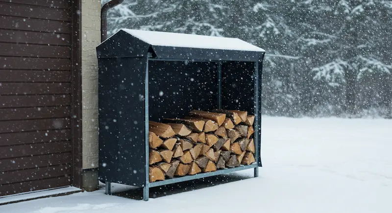 Steel firewood rack （With cover on top ) performing well under heavy snow.