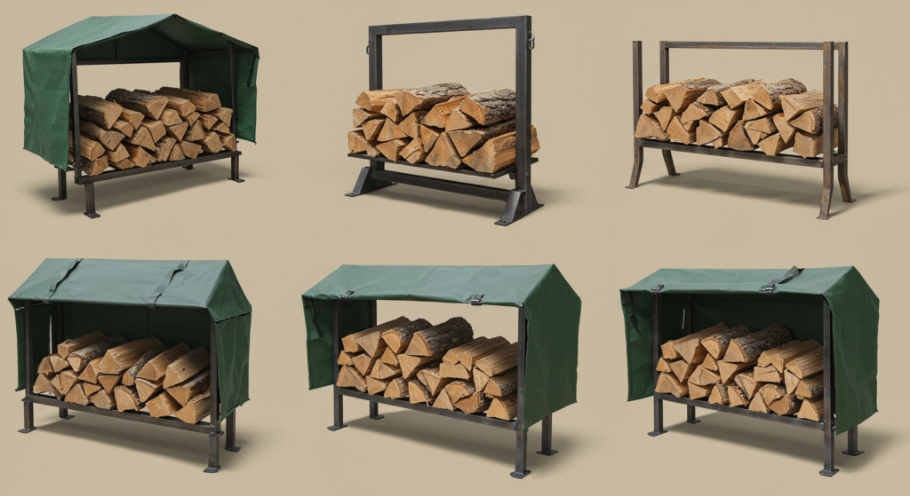 Ultimate Guide to Choosing a Durable Metal Firewood Rack 4 Various styles of metal firewood racks in outdoor settings