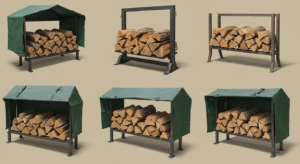 Various styles of metal firewood racks in outdoor settings