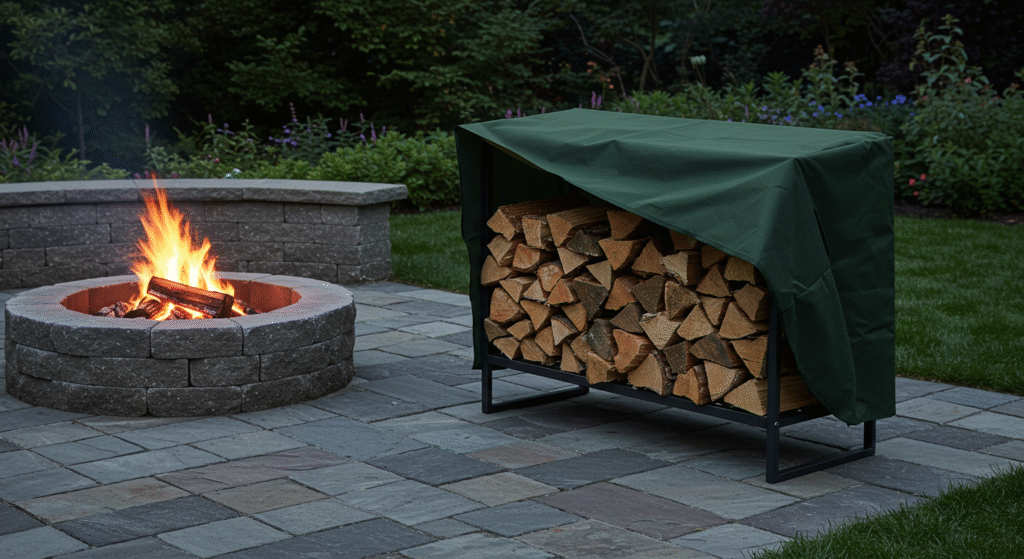 Outdoor Firewood Storage Made Easy-Choosing the Right Metal Rack 1 A sturdy metal firewood storage rack loaded with neatly stacked logs in an outdoor setting