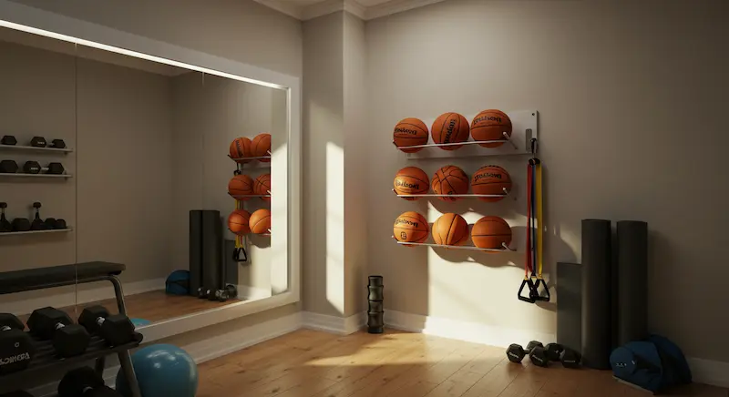 basketball storage rack in a compact home setting