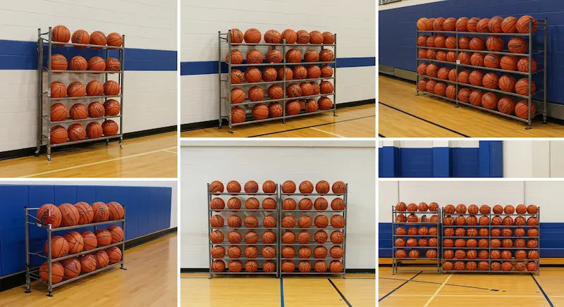Basketball Storage racks in various space settings