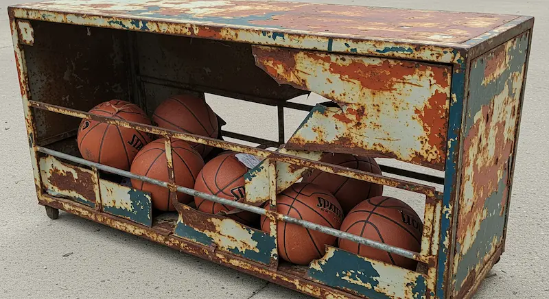 Basketball storage rack with visible damage issues