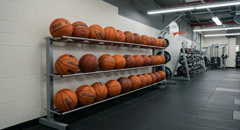 Clean and well organized basketball storage rack in a GYM.