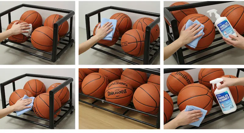 Cleaning process of a basketball storage rack with tools