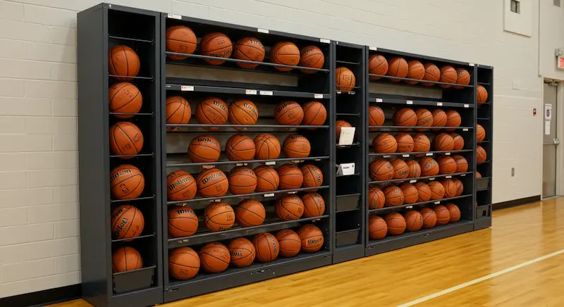 Close-up of a well maintained basketball storage rack