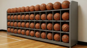 Daily Maintenance and Cleaning of Basketball Storage Racks? 23 Basketball Storage Rack In A Sports Gym, Designed To Hold Multiple Basketballs