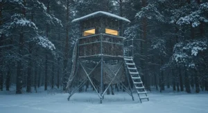 How to Choose a Hunting Stand Suitable for Winter Use 27 Winter Hunting Stand Covered In Snow In A Forest Setting