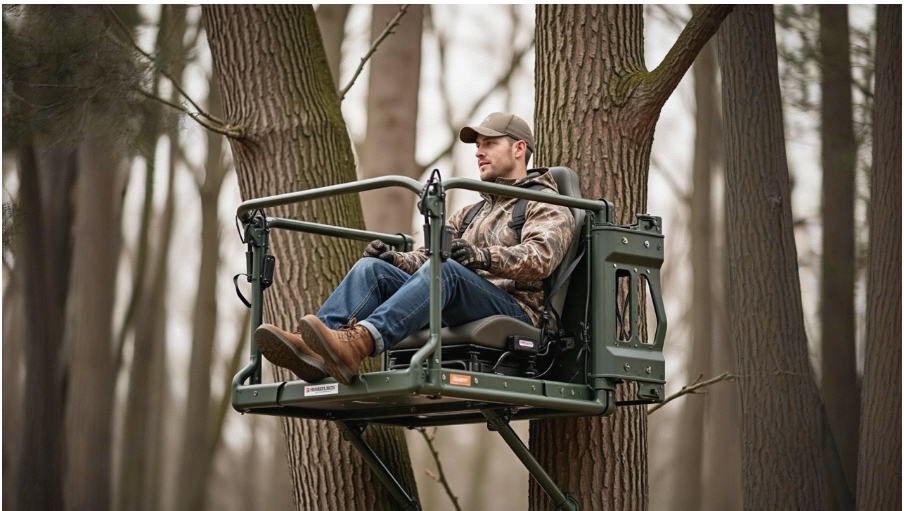 How to Choose the Best Hunting Stand Tower for Your Next Adventure 1 Image Description: A hunter sits in a sturdy tree stand, scanning the forest at sunrise for deer movement.