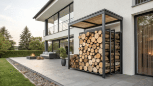 What Metal Firewood Rack Trends Should You Watch in 2025? 10 Powder-Coated Metal Firewood Rack Beside A Modern Patio With Stacked Hardwood Logs And A Covered Top.