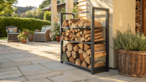 A powder-coated metal firewood rack on a sunny patio, stacked with seasoned hardwood and kindling for clean, efficient fires.