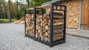 What Firewood Rack Insights Can Transform My Burns, Budget, and Backyard? 1 A powder‑coated metal firewood rack on a gravel pad, stacked with split hardwood to showcase airflow, elevation, and clean storage for better burns.