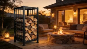 Outdoor Living Space With Modern Firewood Rack And Fire Pit At Dusk