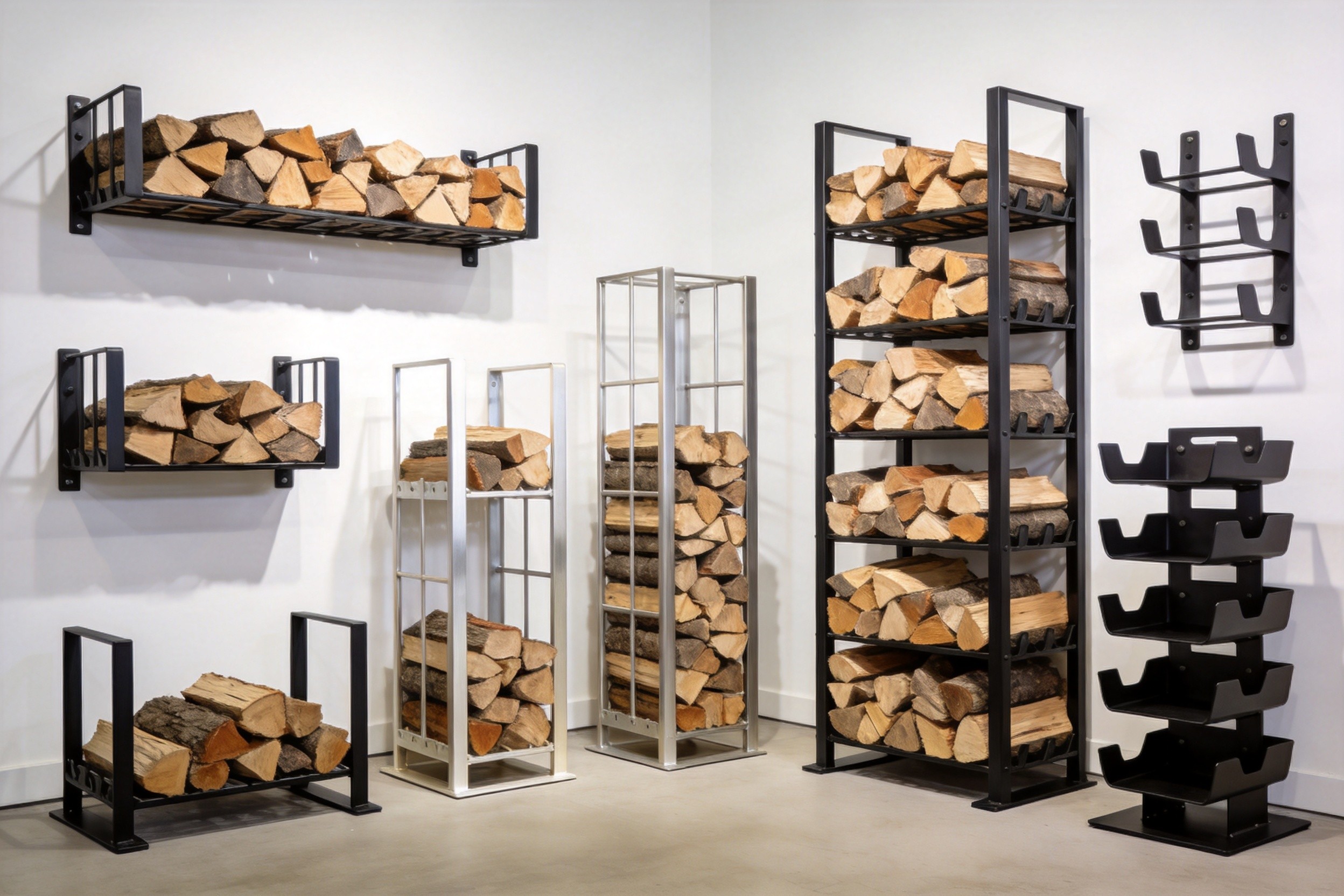 Modular Customizable Metal Firewood Rack Designs In Showroom