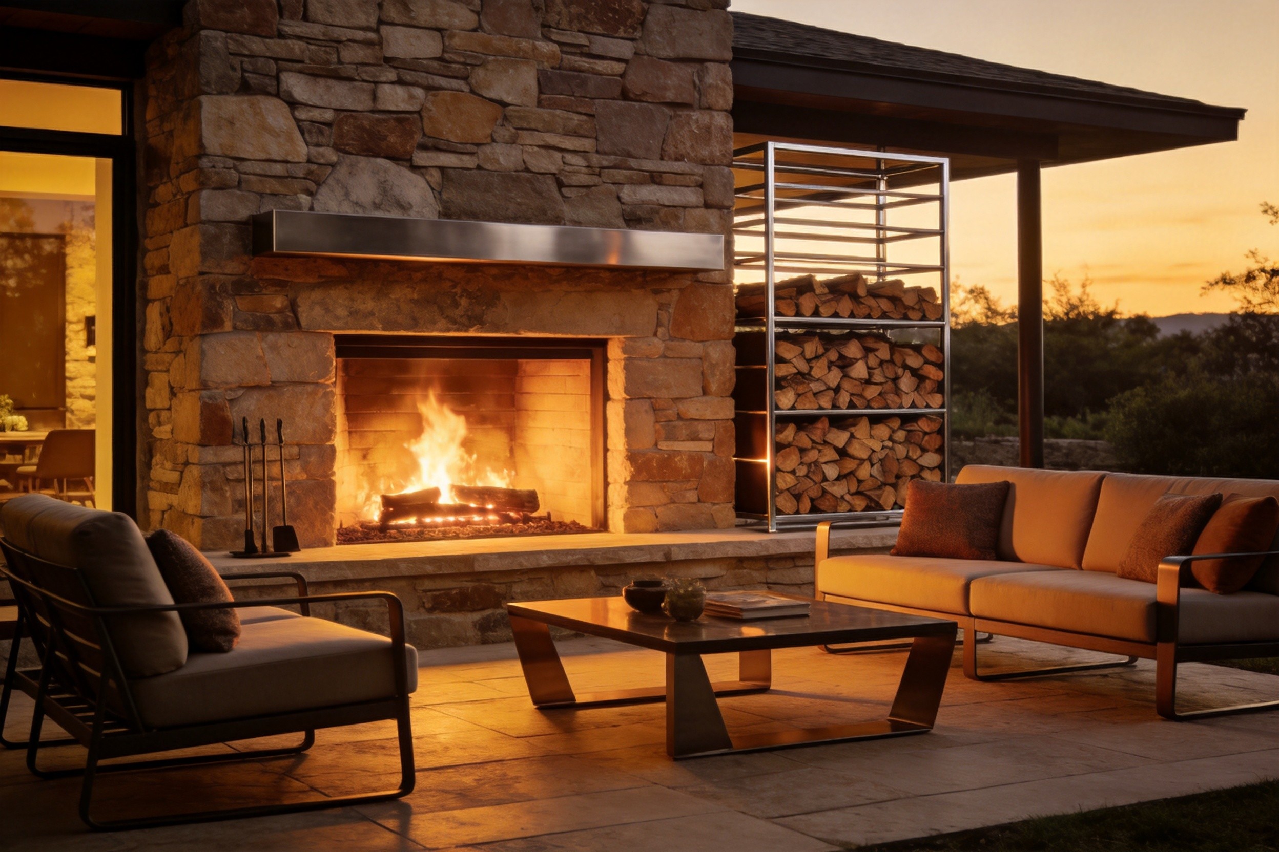 Elegant Outdoor Living Room With Fireplace And Premium Firewood Rack